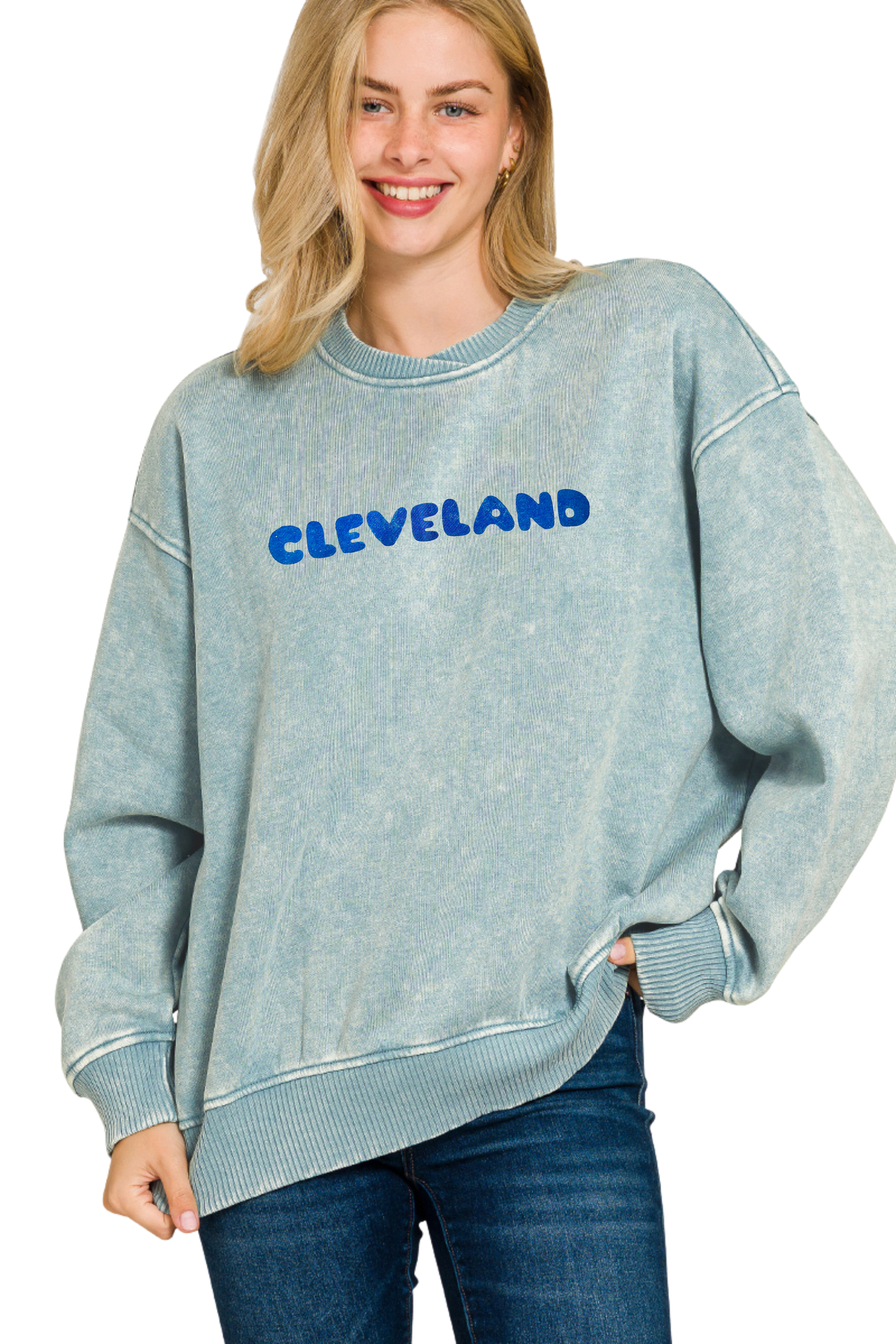 Bubble Font Cleveland Hand Stamped Super Soft Cross Neckline Pullover