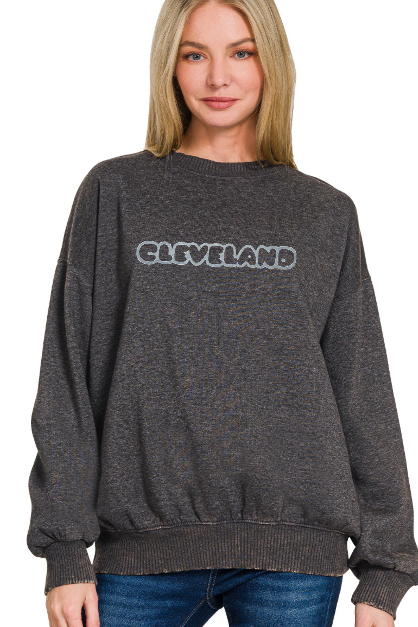 Hand Stamped Cleveland Outline Bubble Font Pullover Sweatshirt