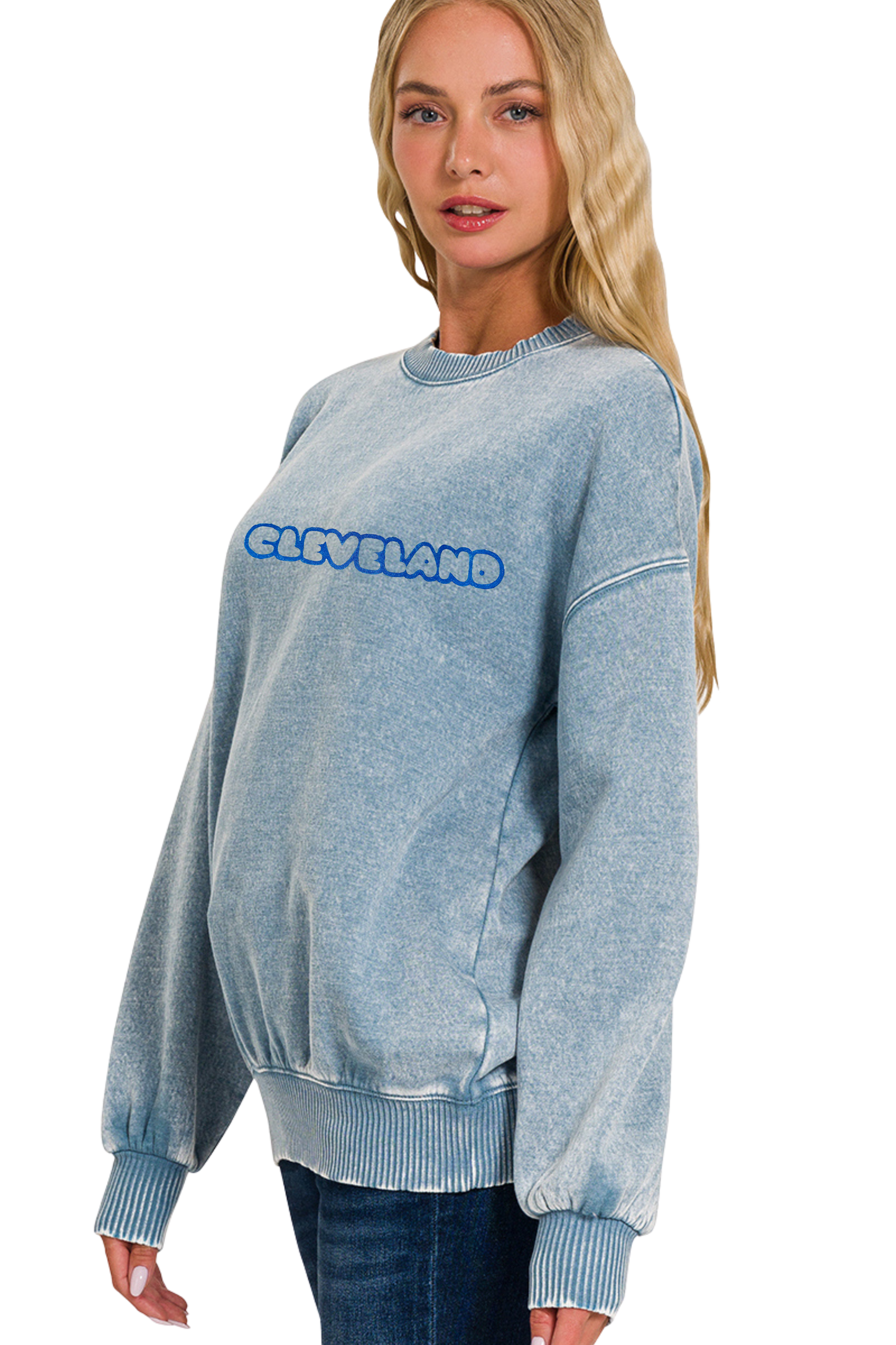 Hand Stamped Cleveland Outline Bubble Font Pullover Sweatshirt