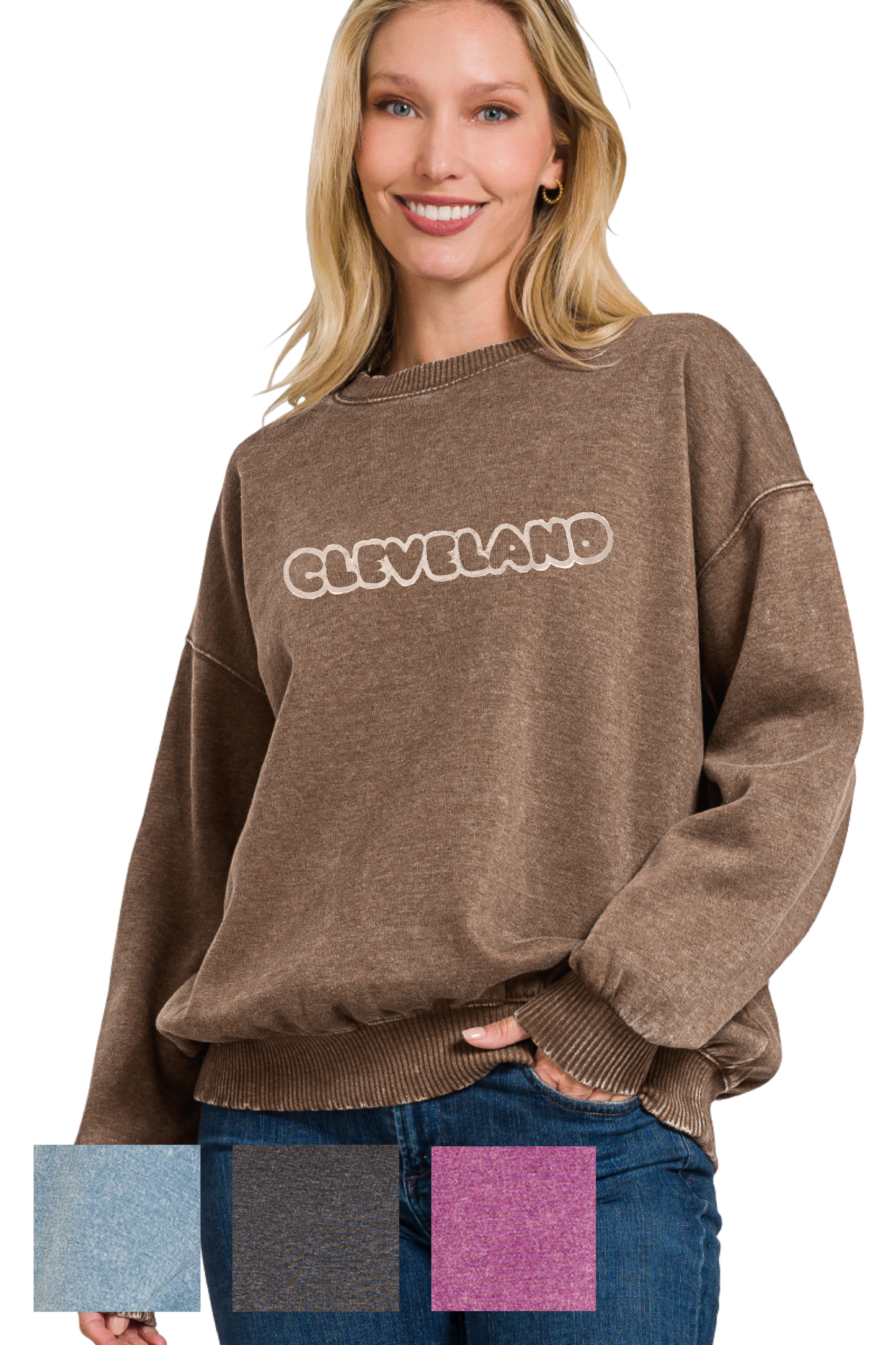 Hand Stamped Cleveland Outline Bubble Font Pullover Sweatshirt