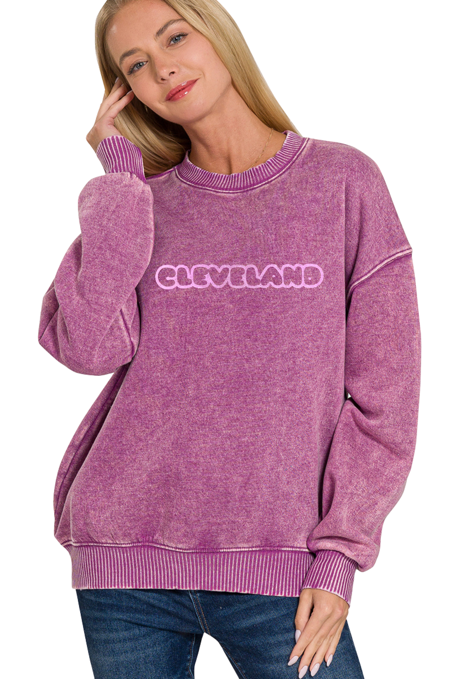 Hand Stamped Cleveland Outline Bubble Font Pullover Sweatshirt