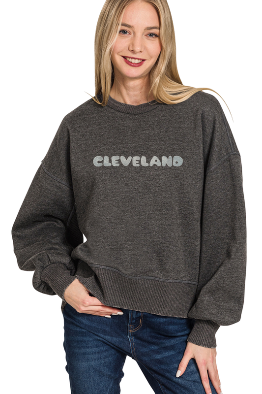 Hand Stamped Cleveland Bubble Font Pullover Sweatshirt with Ribbed Sleeves