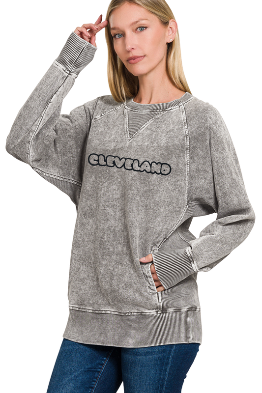 Bubble Outline Cleveland Hand Stamped Ribbed Side Sweatshirt