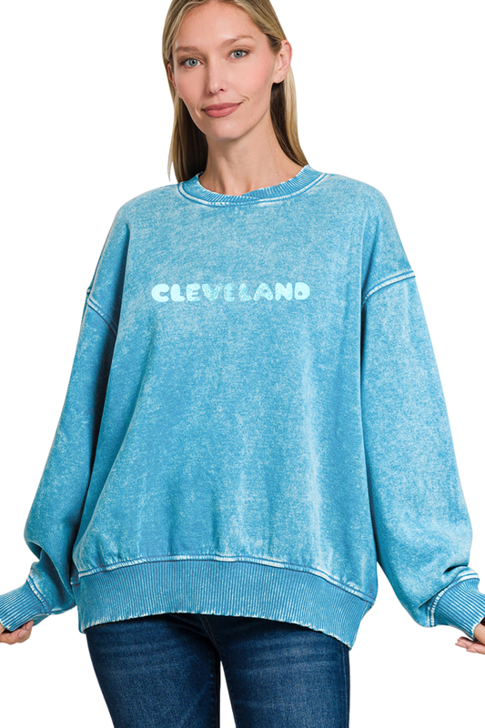 Bubble Font Cleveland Hand Stamped Super Soft Cross Neckline Pullover