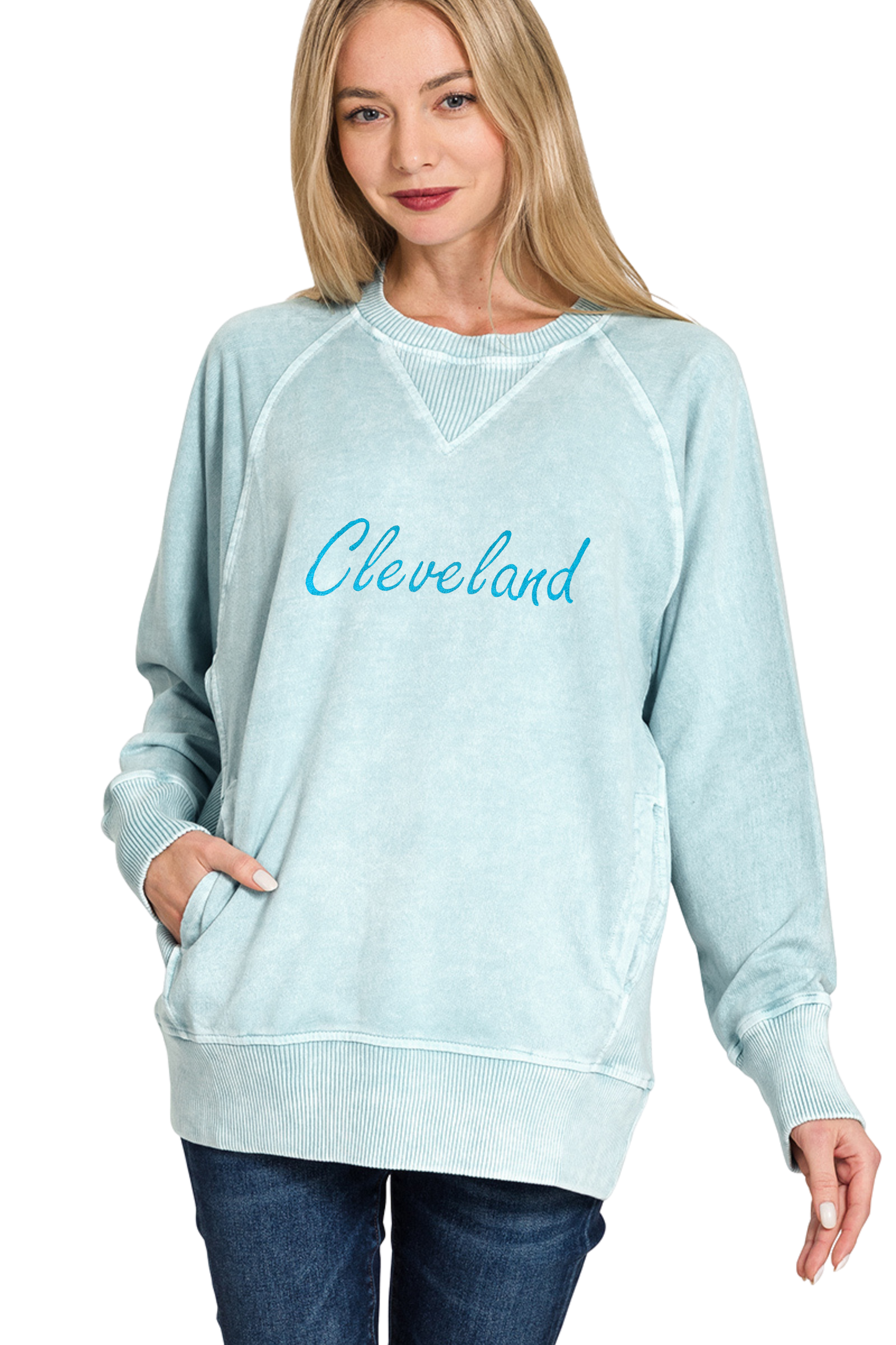 Script Cleveland Hand Stamped French Terry Pullover with Pockets