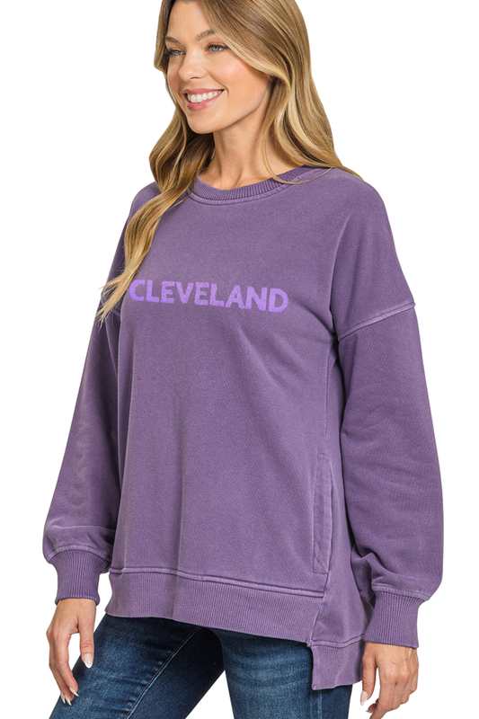 Cleveland Hand Stamped Garment Dyed High Low Pullover with Side Pockets