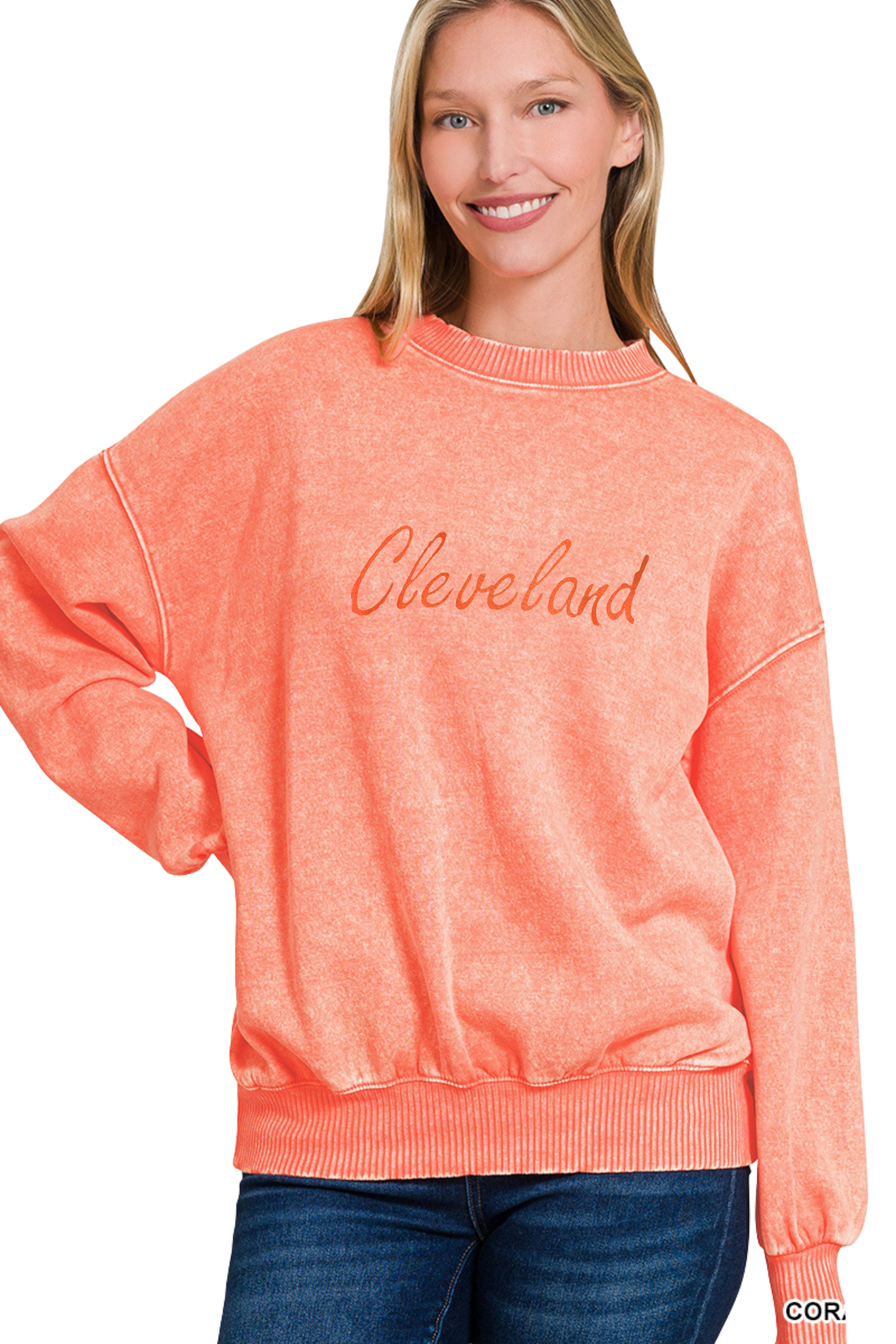 Script Cleveland Hand Stamped Acid Wash Crewneck Sweatshirt