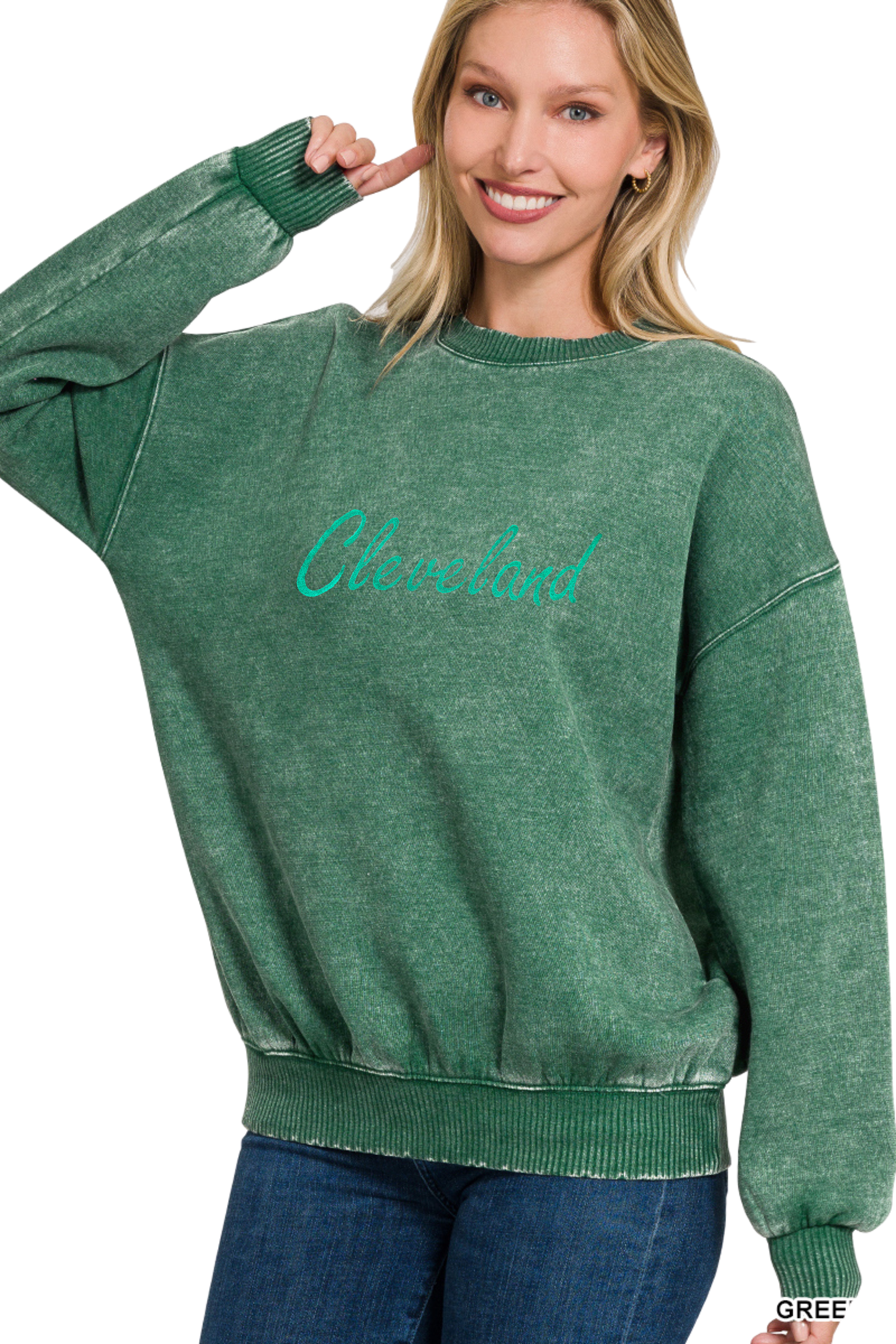 Script Cleveland Hand Stamped Acid Wash Crewneck Sweatshirt
