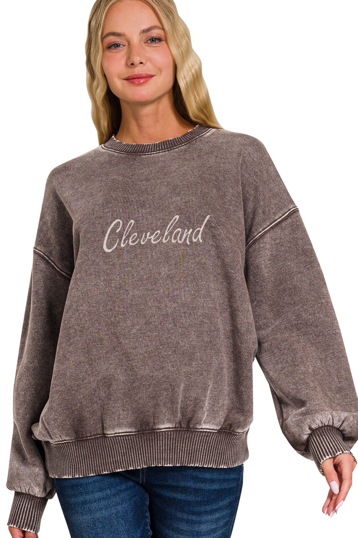 Script Cleveland Hand Stamped Acid Wash Crewneck Sweatshirt