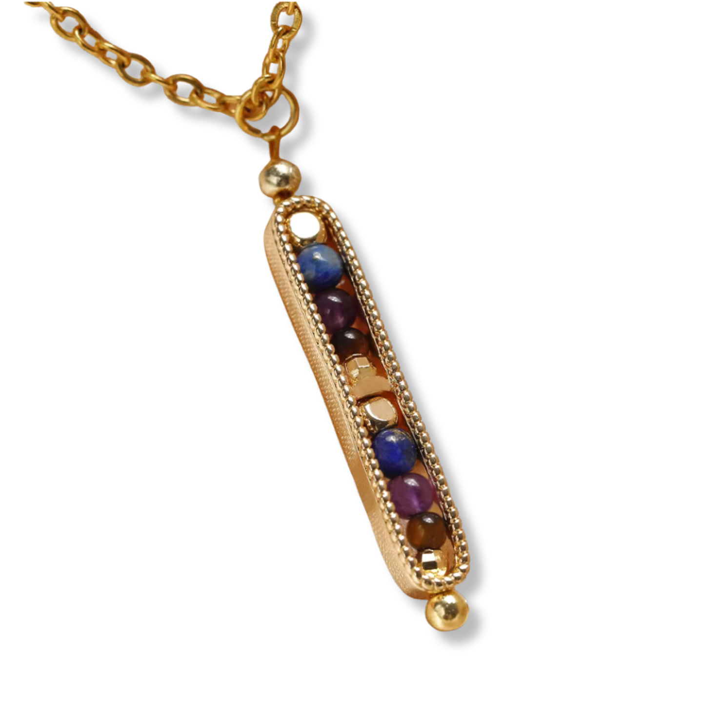 Stainless Steel Natural Gem Stones Vertical Drop Pendant Necklace