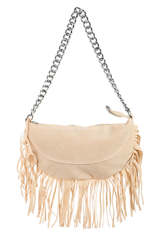Faux Leather Rectangle Fringe Bag with Silver Chain