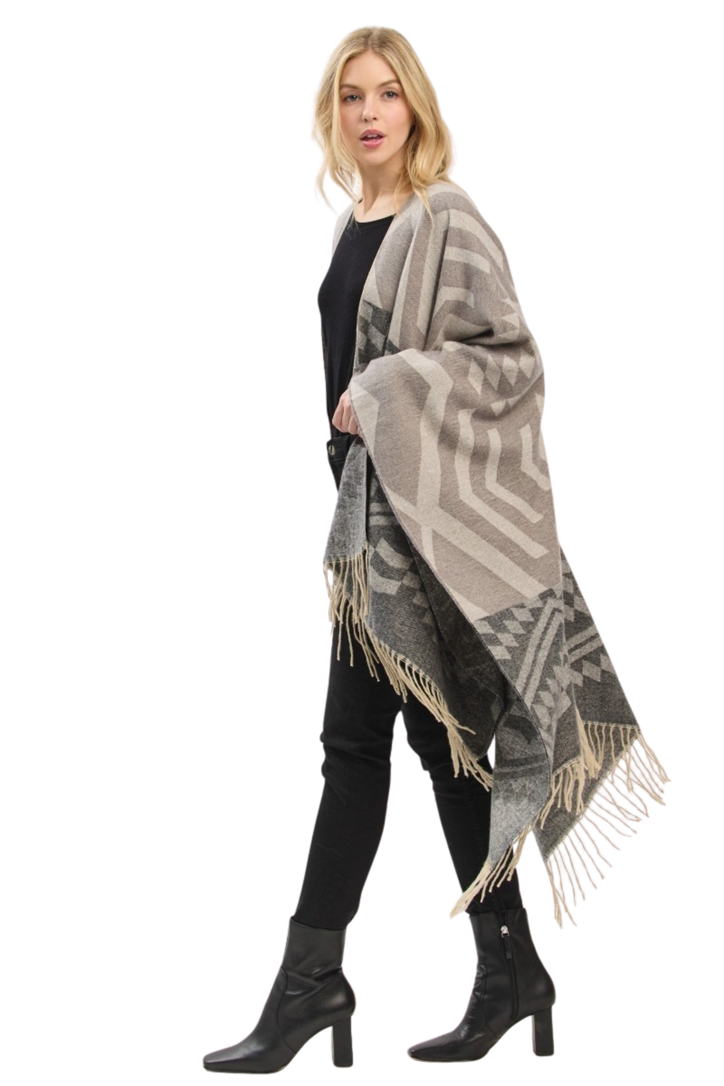 Aztec Print Pattern Fringe Ruana