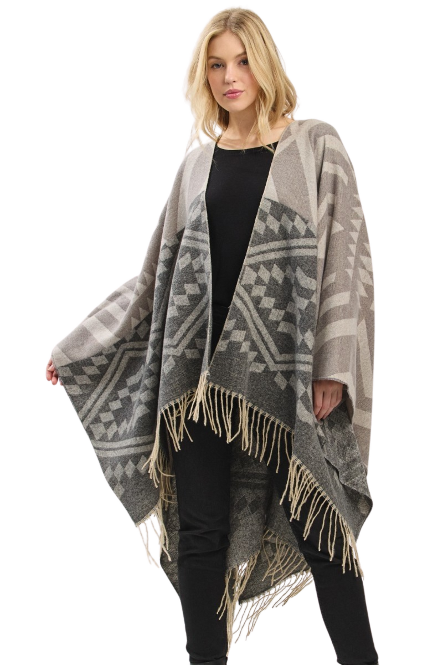 Aztec Print Pattern Fringe Ruana
