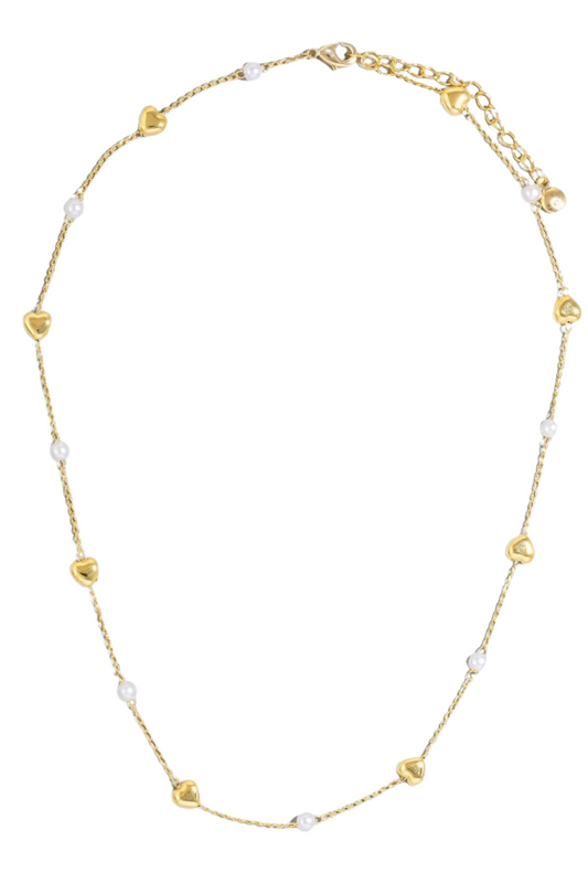 Pearl And Heart Station Charms Chain Necklace