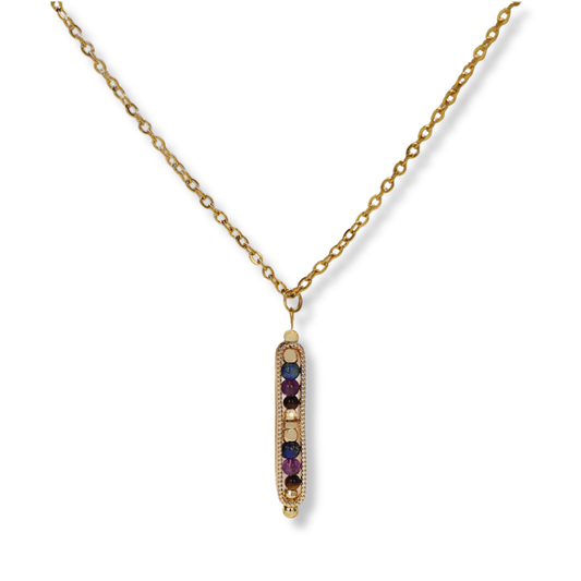 Stainless Steel Natural Gem Stones Vertical Drop Pendant Necklace