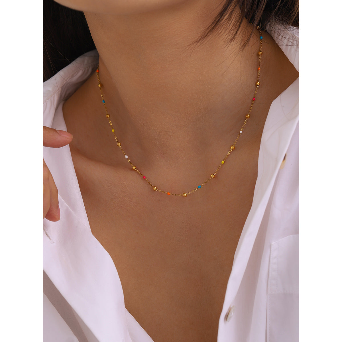 Sestra By Intro Stainless Steel Dainty Colored Enamel Ball Chain Neckalce