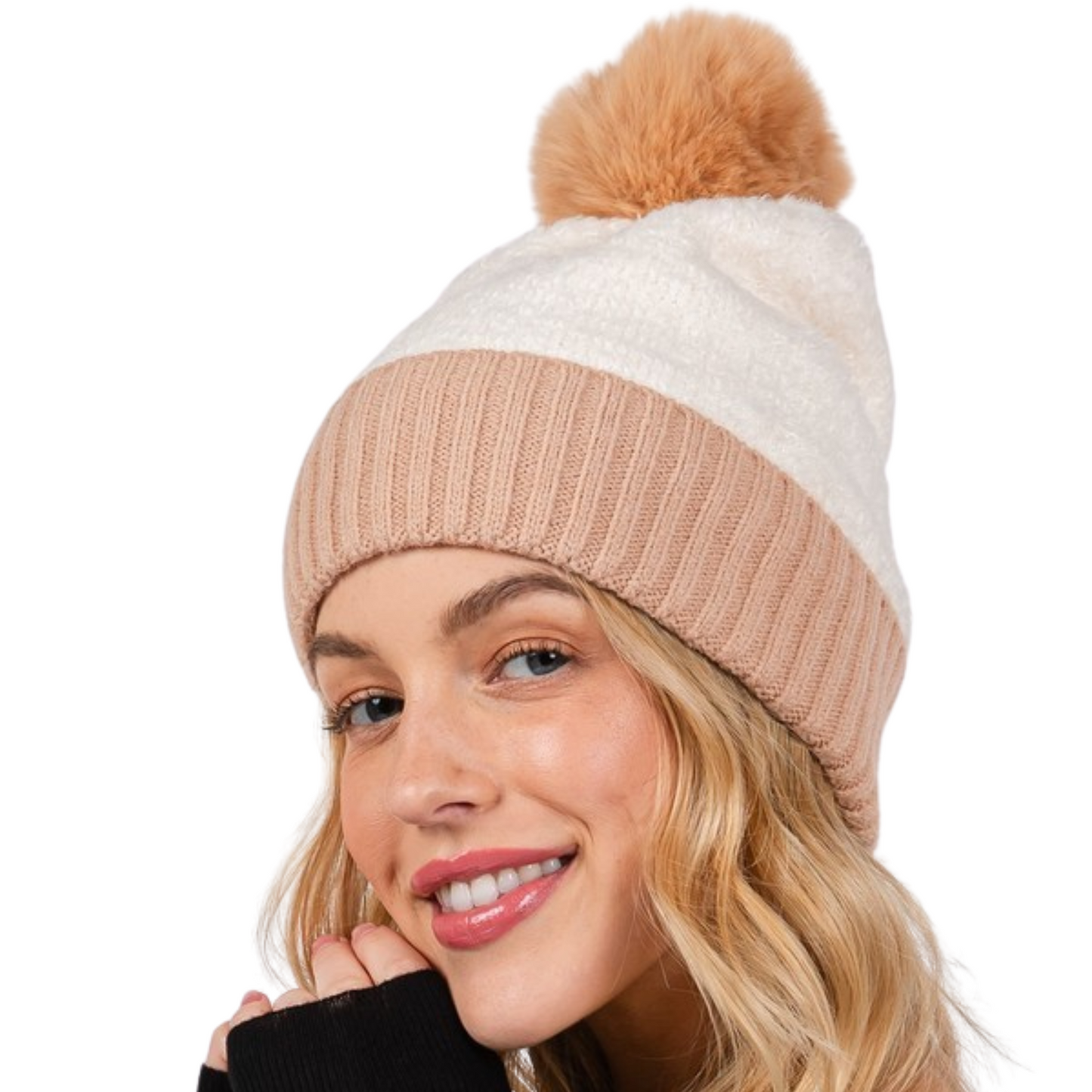 Two Tone Fuzzy Pom Pom Beanie