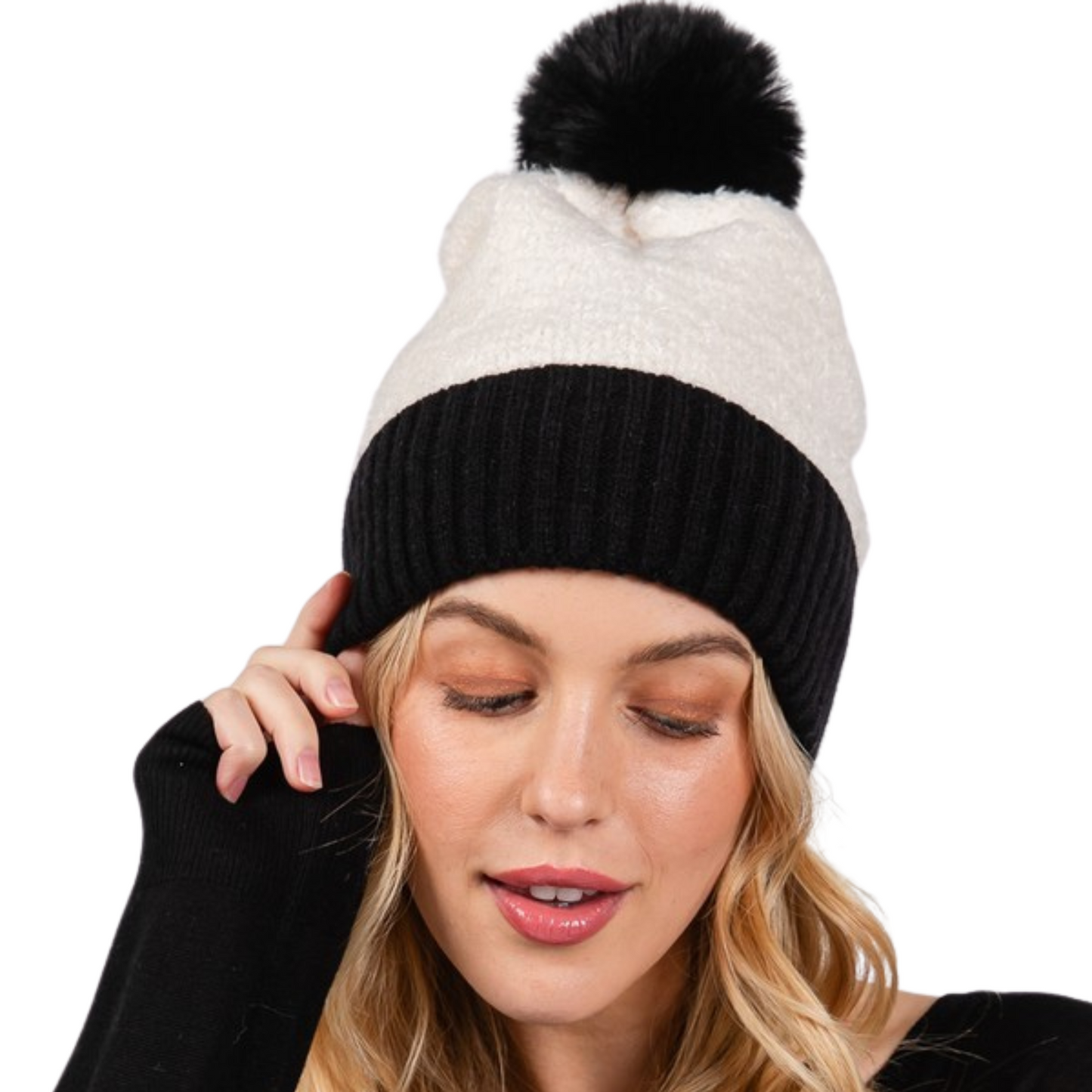 Two Tone Fuzzy Pom Pom Beanie