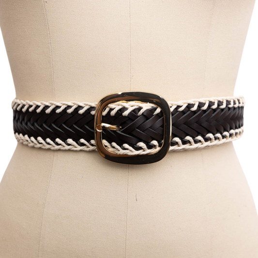 Woven Faux Leather Belt with Crochet Trim