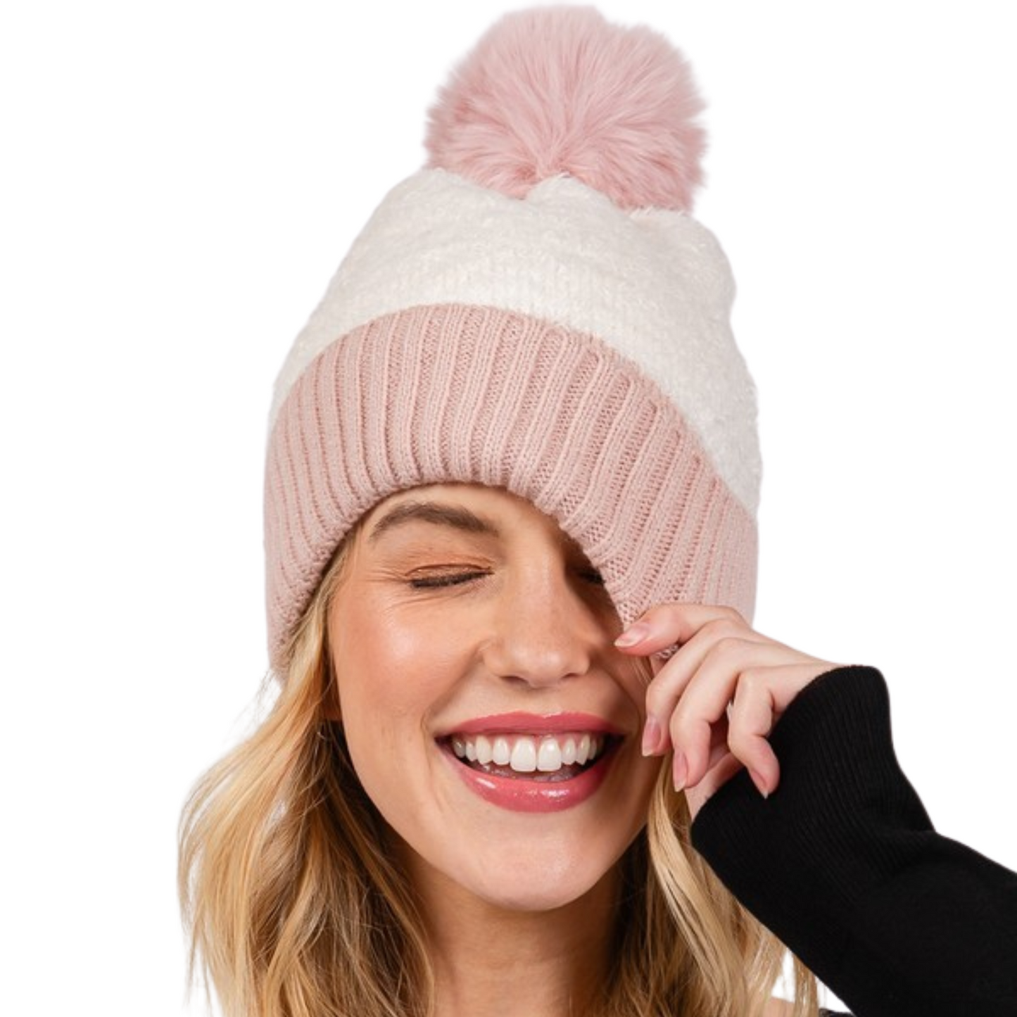 Two Tone Fuzzy Pom Pom Beanie