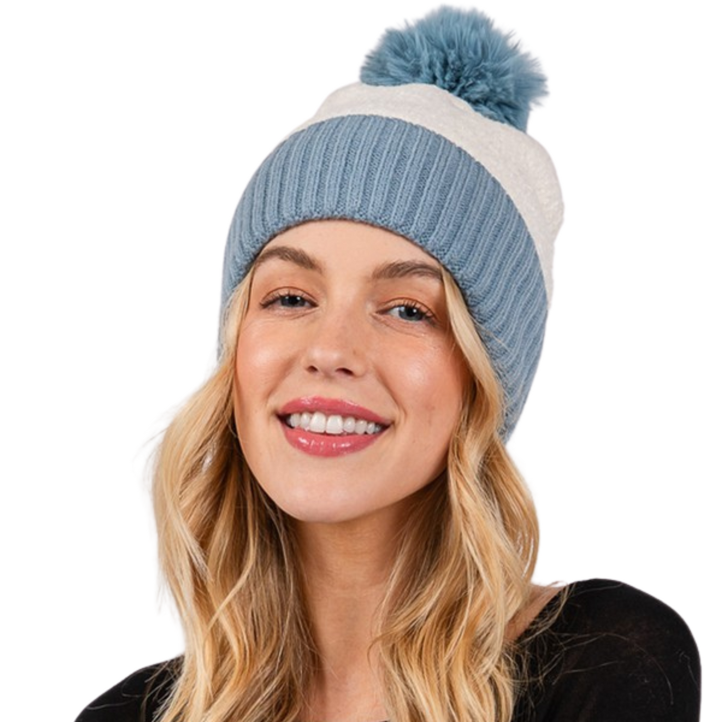 Two Tone Fuzzy Pom Pom Beanie