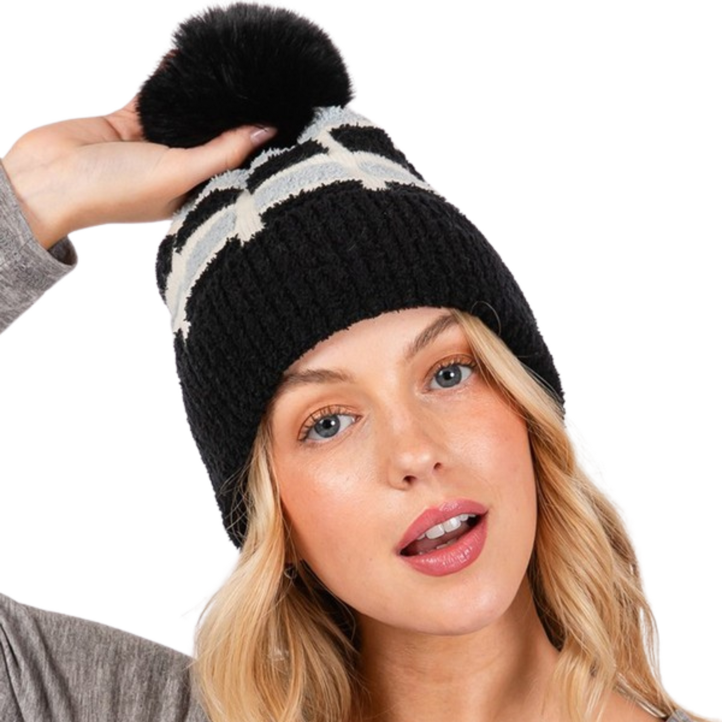 Color Block Fuzzy Pom Pom Beanie