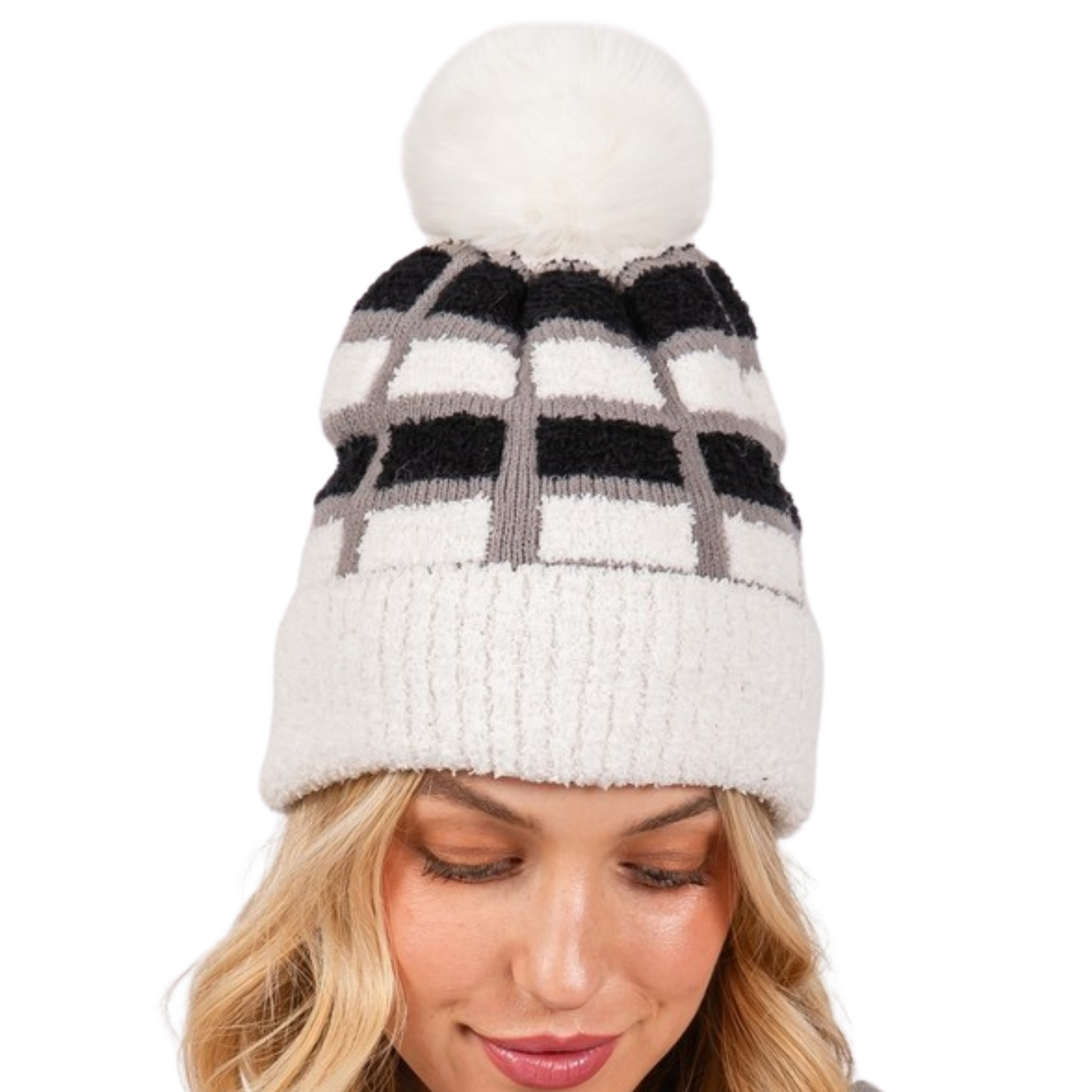 Color Block Fuzzy Pom Pom Beanie