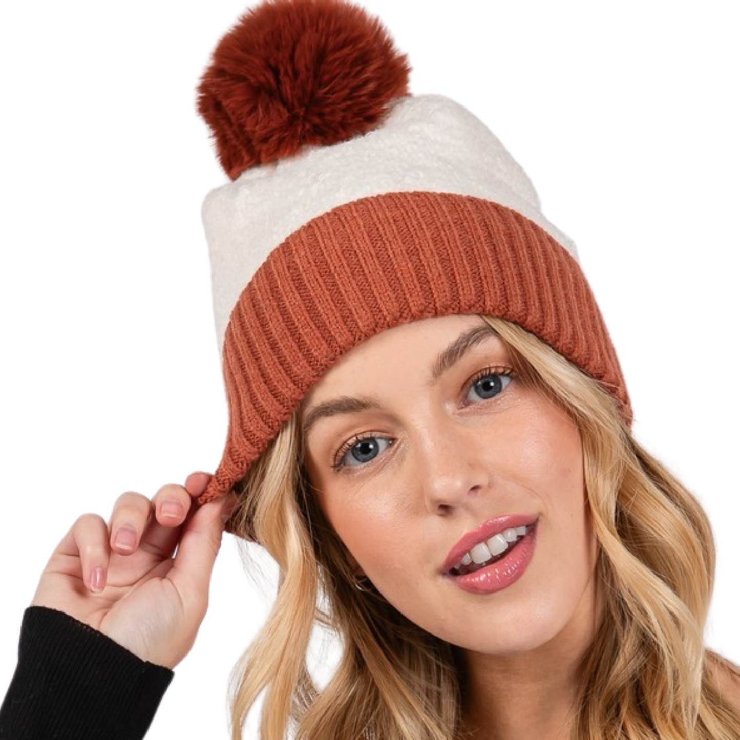 Two Tone Fuzzy Pom Pom Beanie