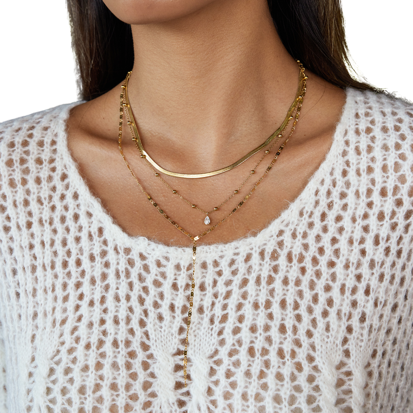 Stainless Steel Multi-Layer Y Shape Lariat Necklace with CZ Crystal