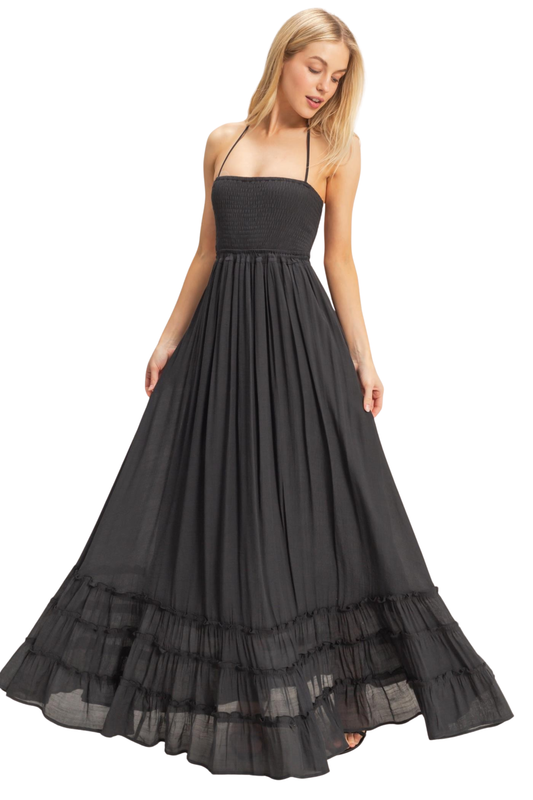 Smocked Bodice Halter Maxi Dress with Strappy Back