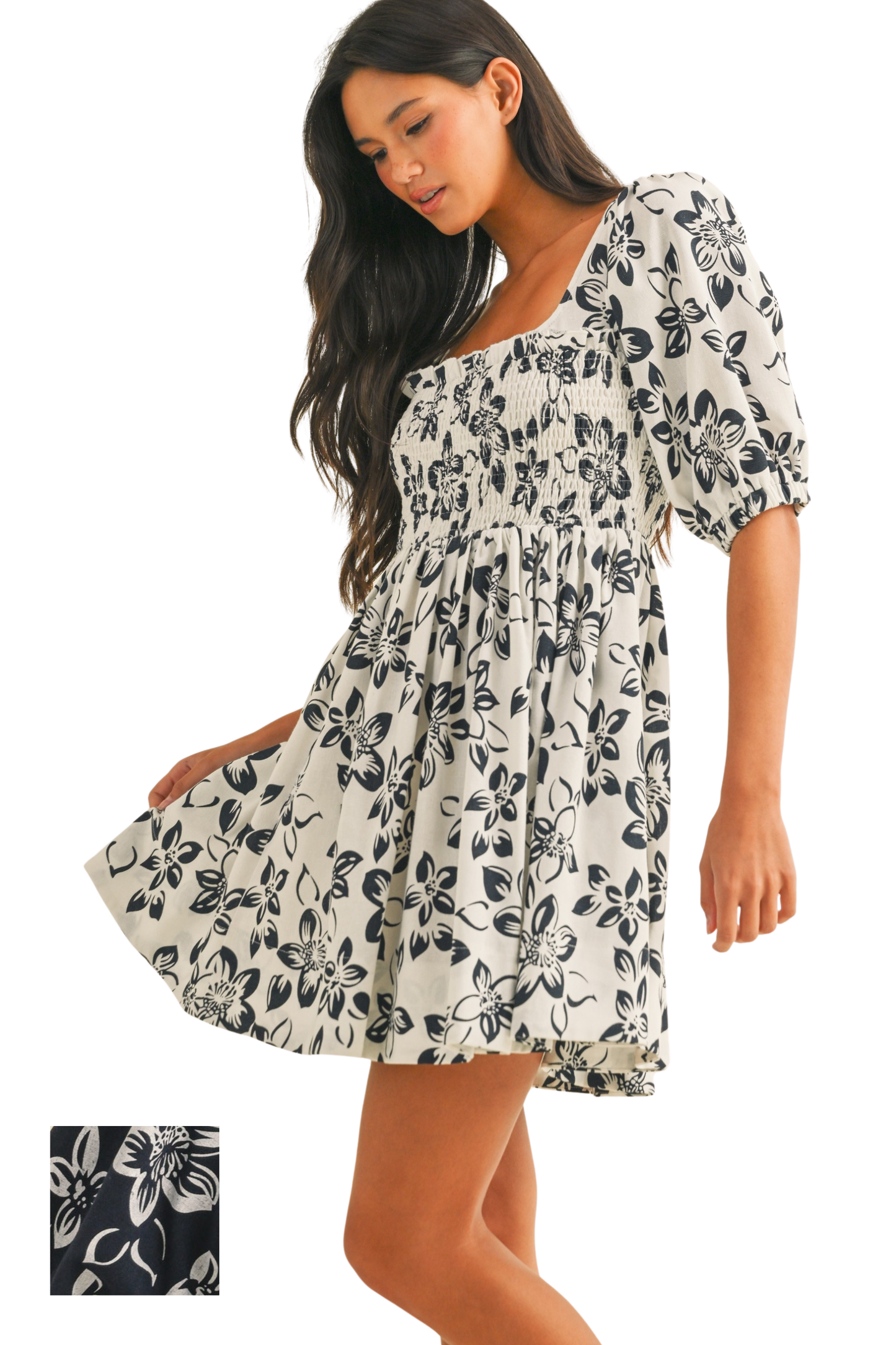 Floral Printed Puff Sleeve Open Back Mini Dress