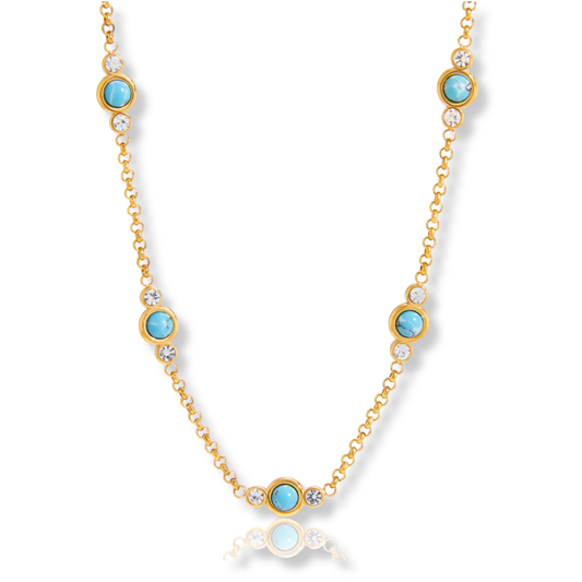 Sestra by Intro Stainless Steel  Turquoise & CZ Station Necklace