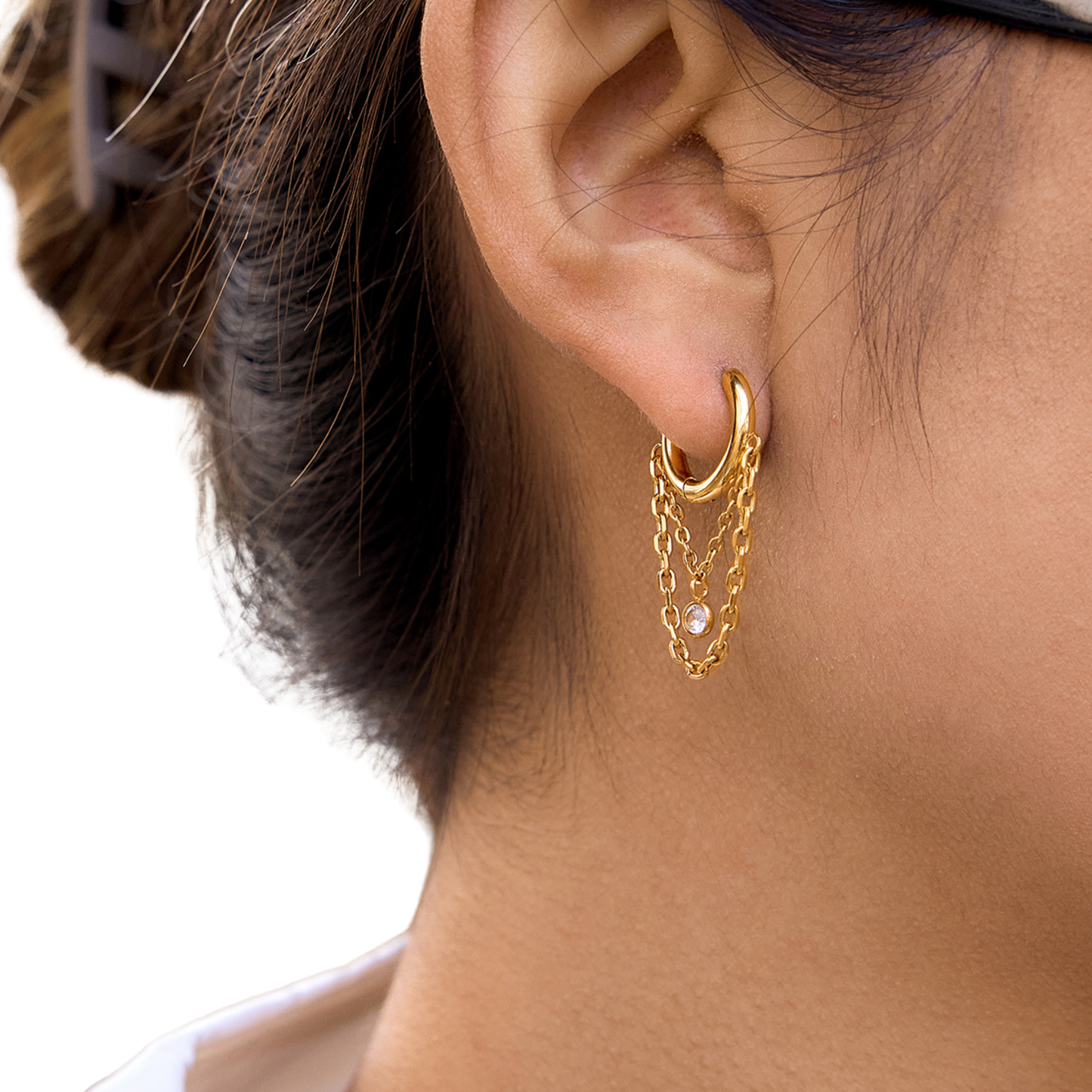 Sestra by Intro Stainless Steel Hoops with Layered Chains and CZ Crystal