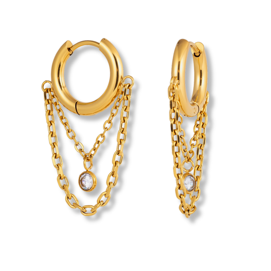 Sestra by Intro Stainless Steel Hoops with Layered Chains and CZ Crystal