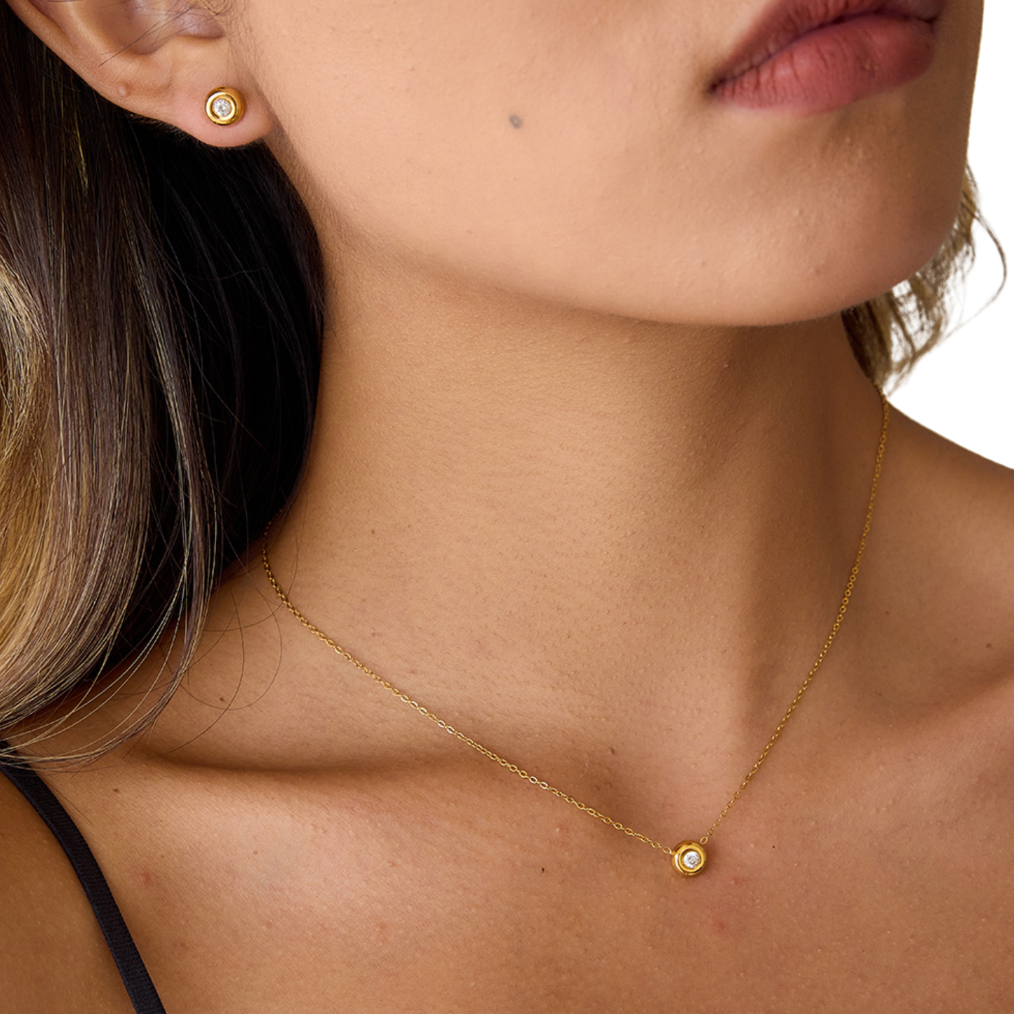 Sestra by Intro Stainless Steel CZ Round Stud Earrings & Matching Pendeant Necklace Set