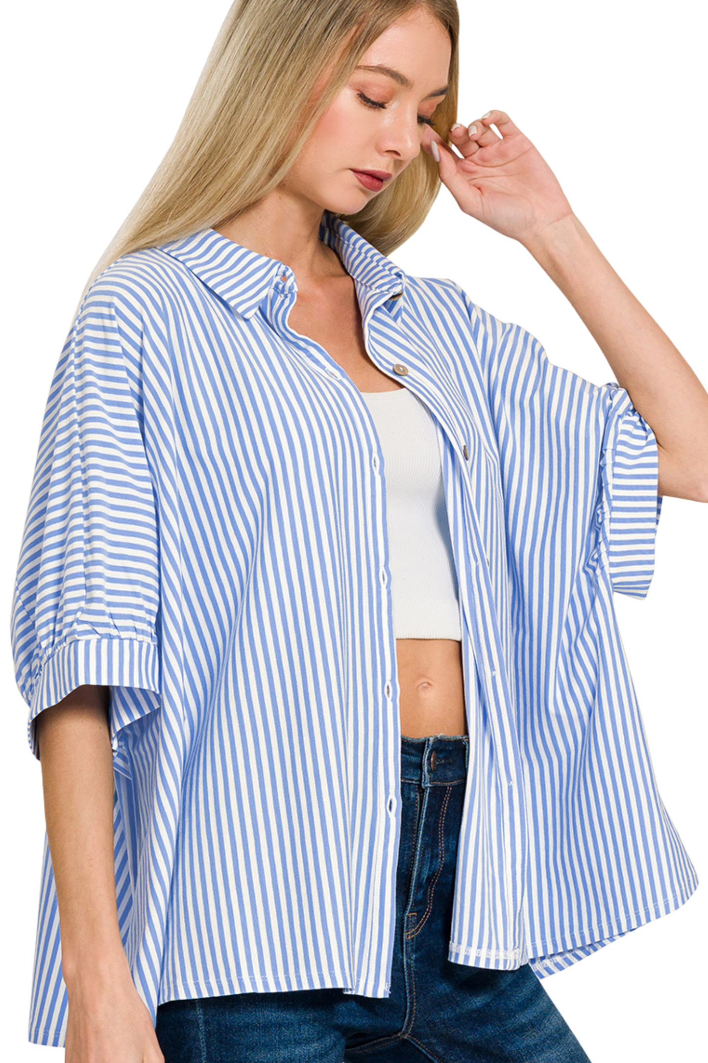 Oversized Striped Short Sleeve Button Down Shirt