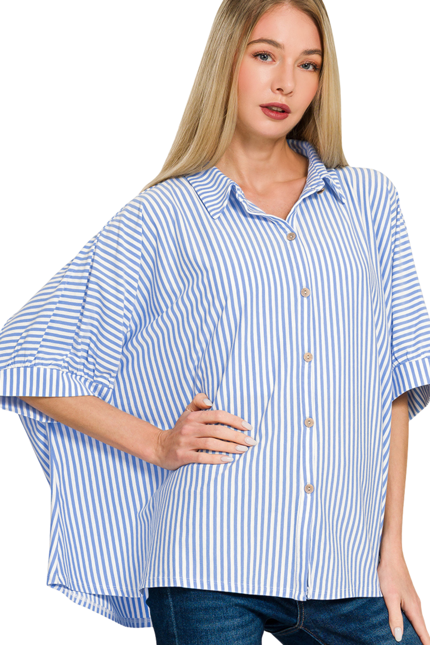 Oversized Striped Short Sleeve Button Down Shirt