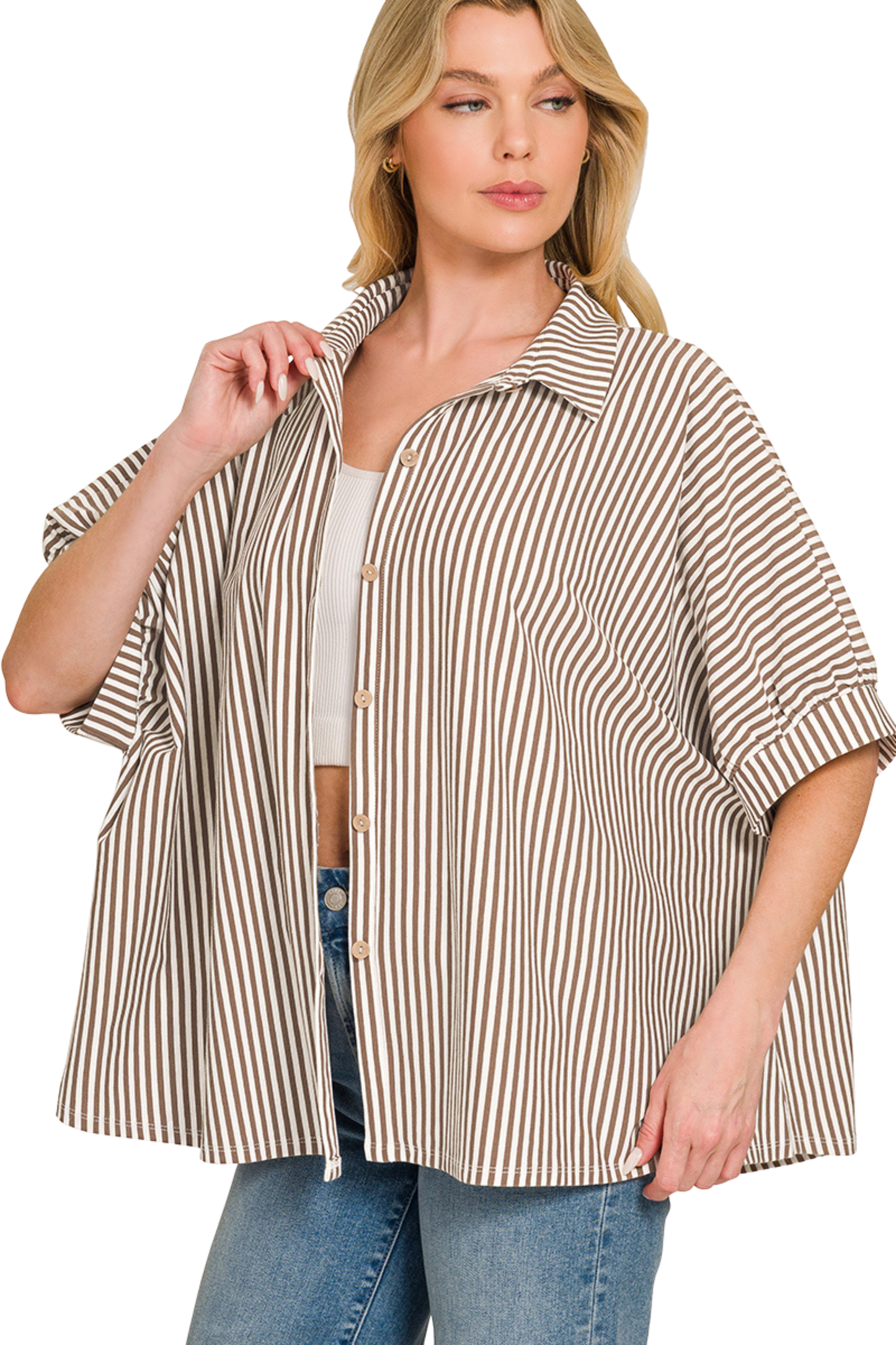 Oversized Striped Short Sleeve Button Down Shirt