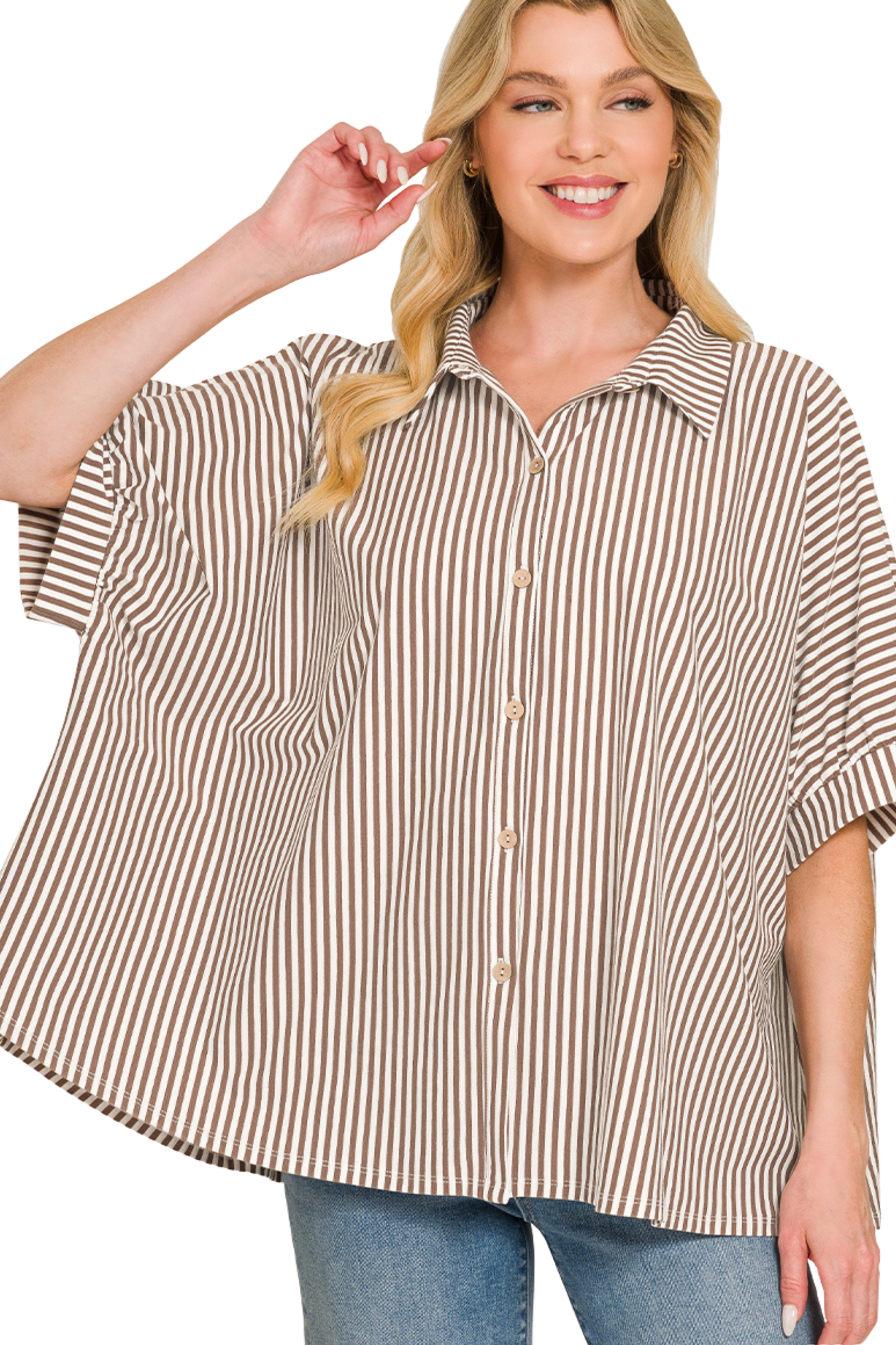 Oversized Striped Short Sleeve Button Down Shirt