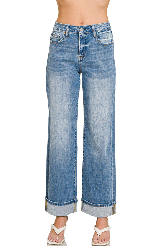 High Rise Cuffed Hem Wide Leg Jeans