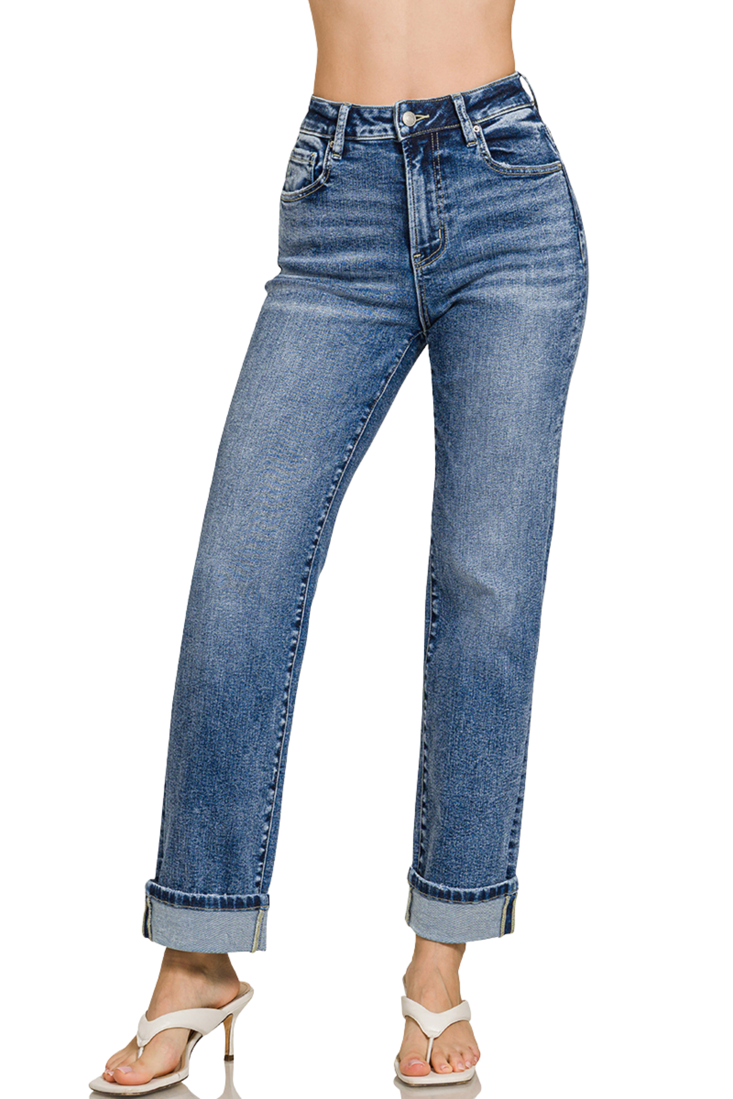 Cuffed Straight Leg Stretchy Jeans