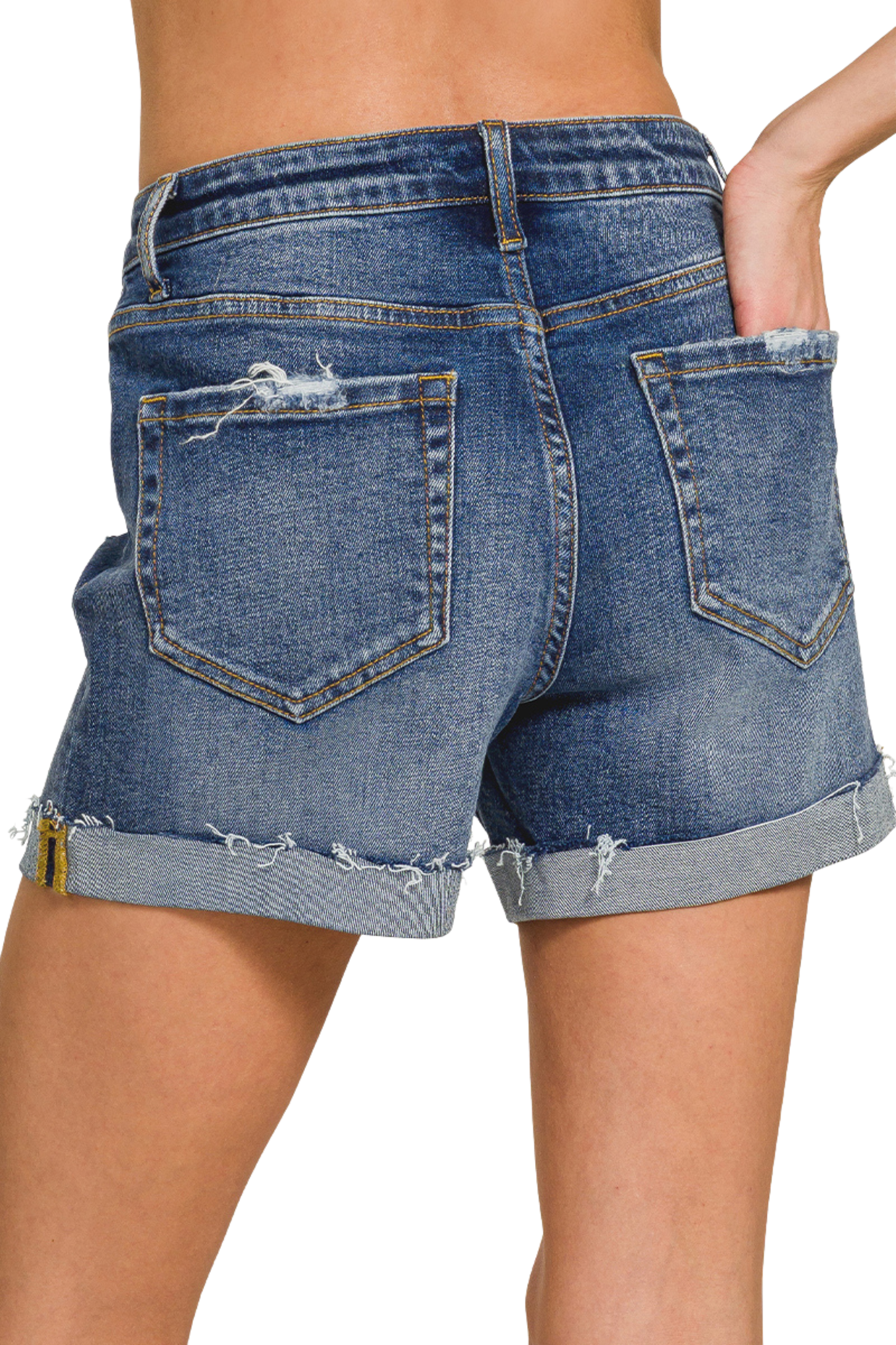 Distressed Cuffed Raw Hem Denim Shorts