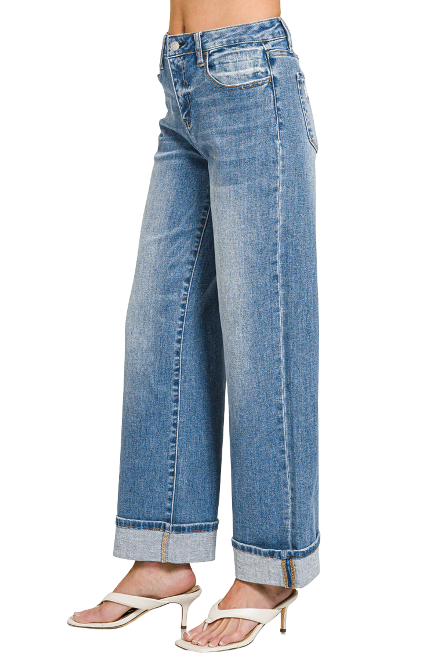 High Rise Cuffed Hem Wide Leg Jeans
