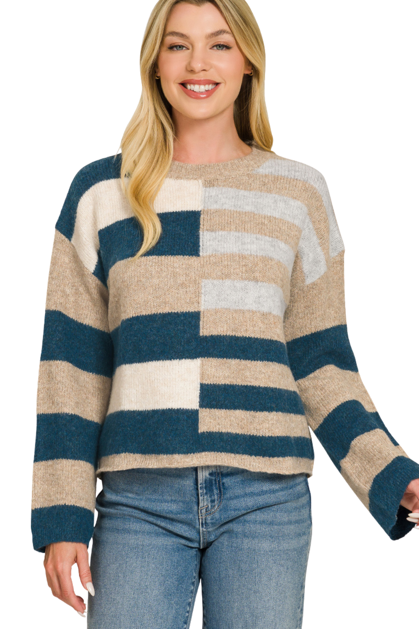 Color Block & Striped Crew Neck Relaxed Sweater