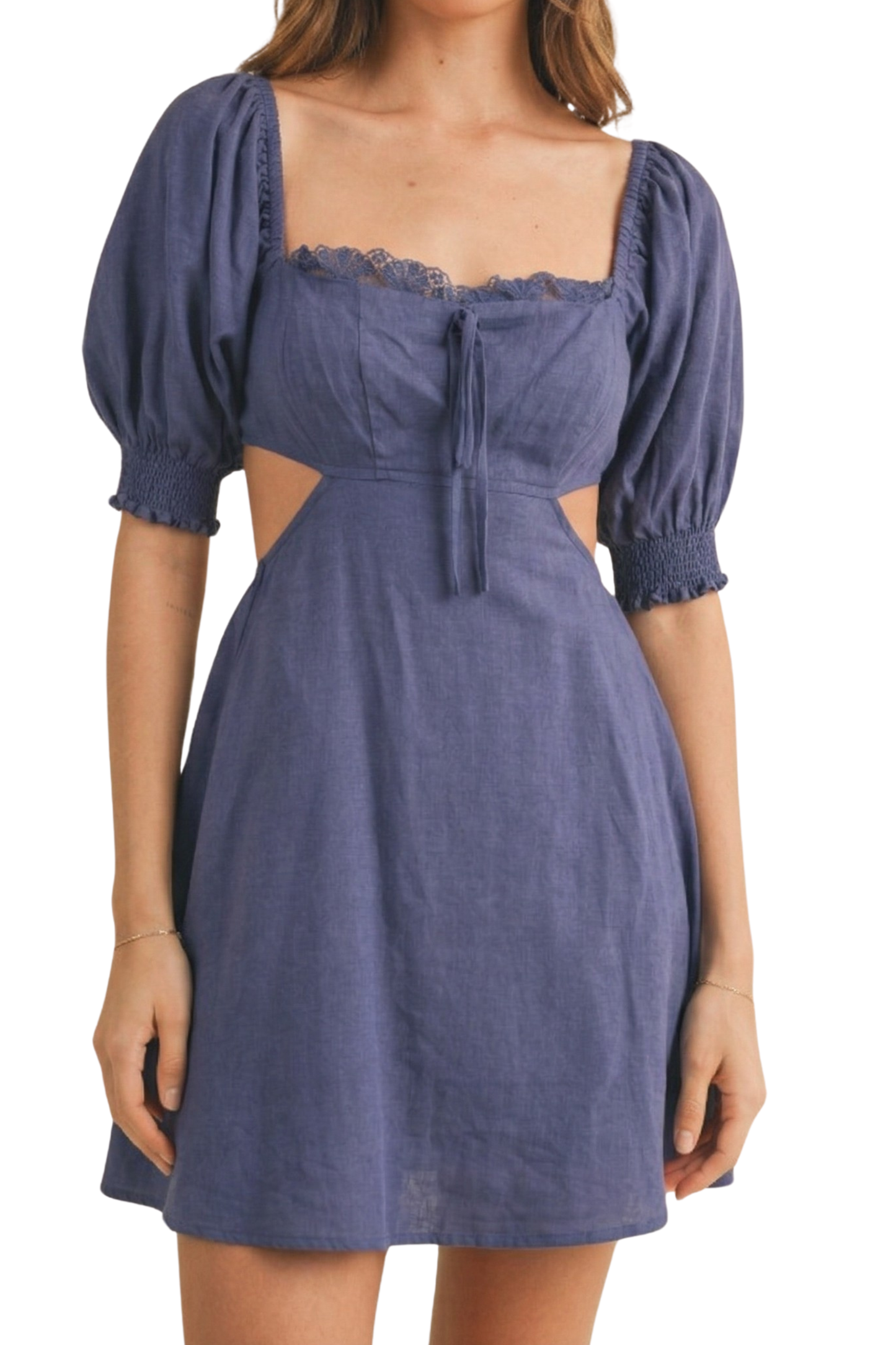 Linen-Like Puff Sleeve Cut Out Dress With Back Smocking