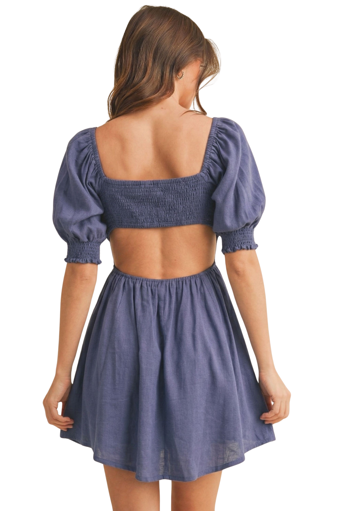 Linen-Like Puff Sleeve Cut Out Dress With Back Smocking