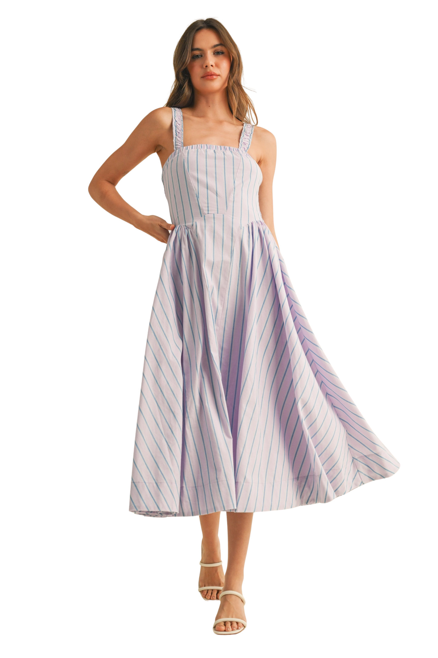 Striped Smocked Back Flared A-line Midi Dress