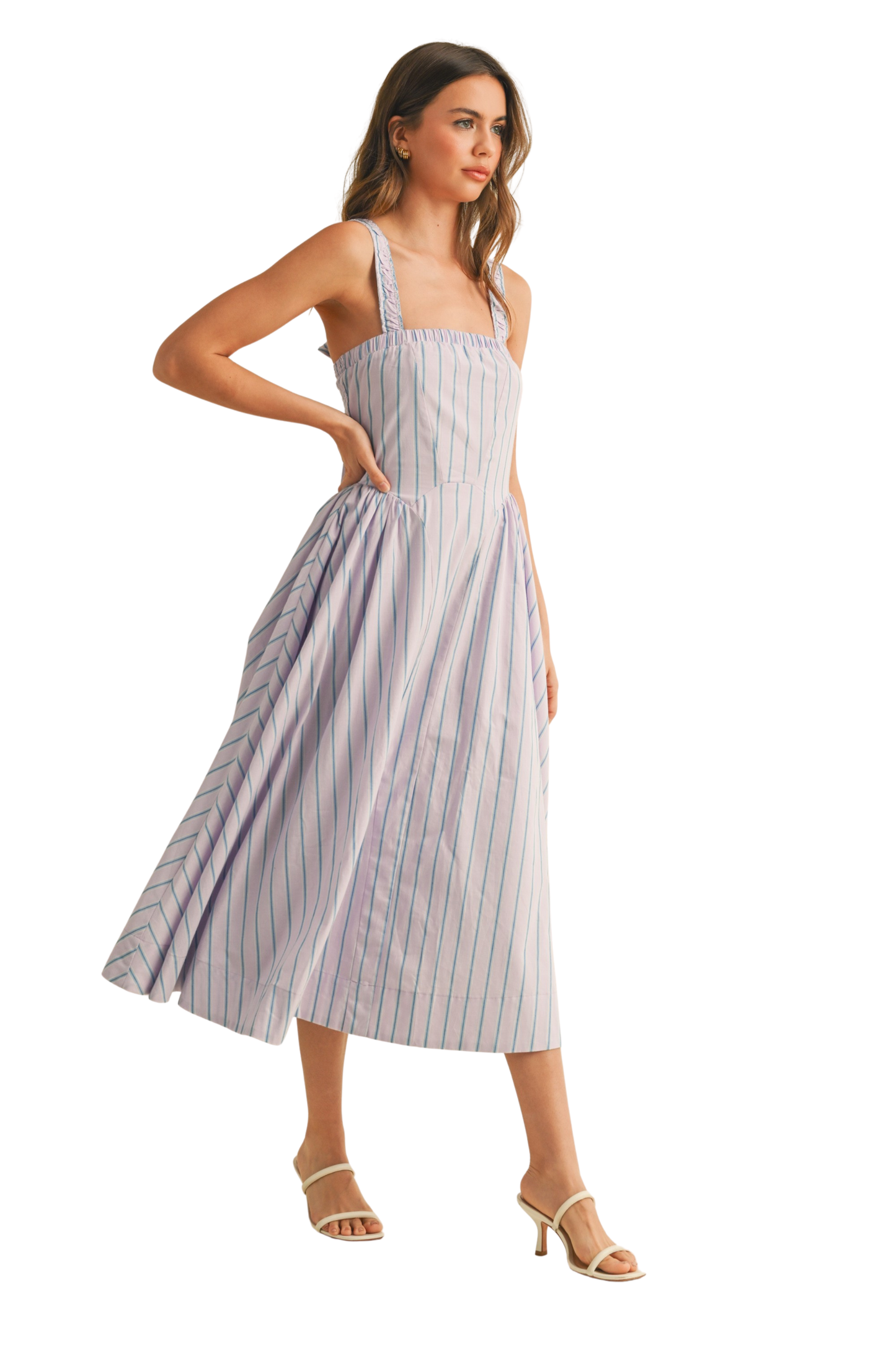 Striped Smocked Back Flared A-line Midi Dress