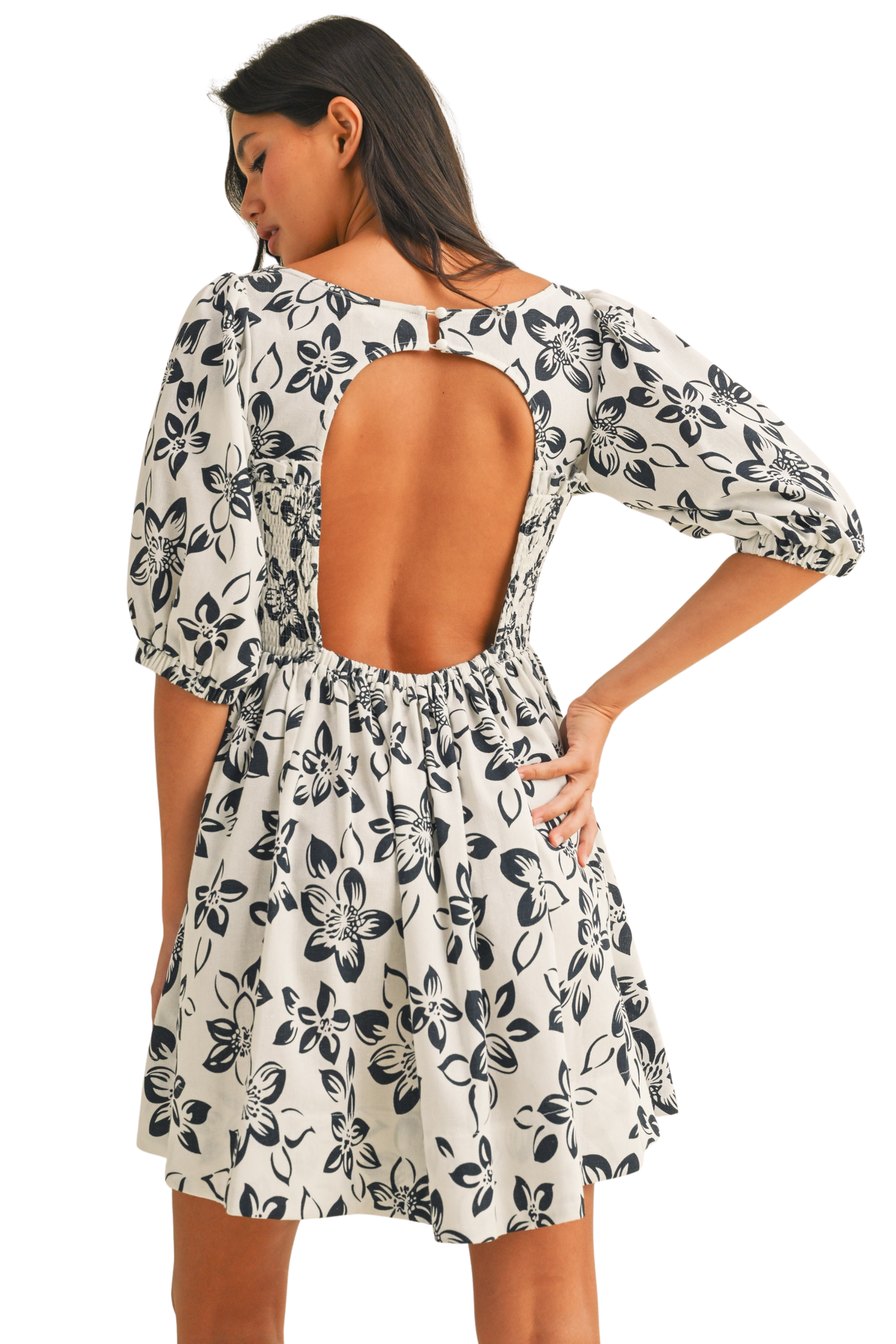 Floral Printed Puff Sleeve Open Back Mini Dress