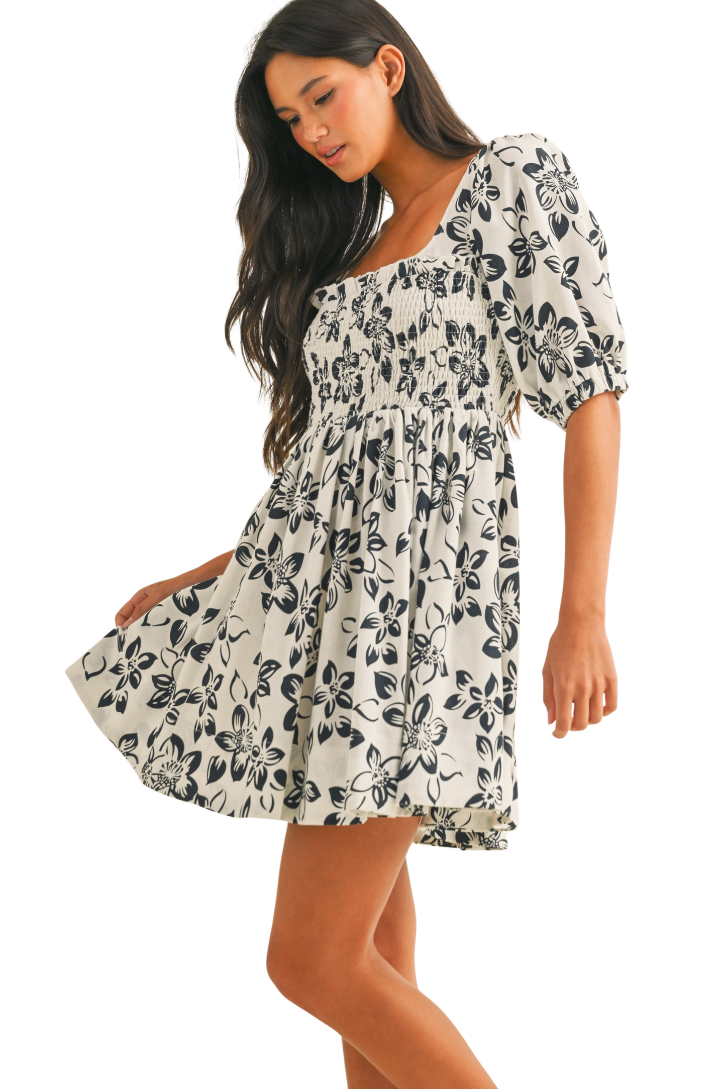 Floral Printed Puff Sleeve Open Back Mini Dress